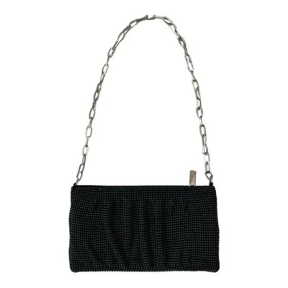La Regale Black Beaded Purse Silver Chain Strap Evening Clutch Bag